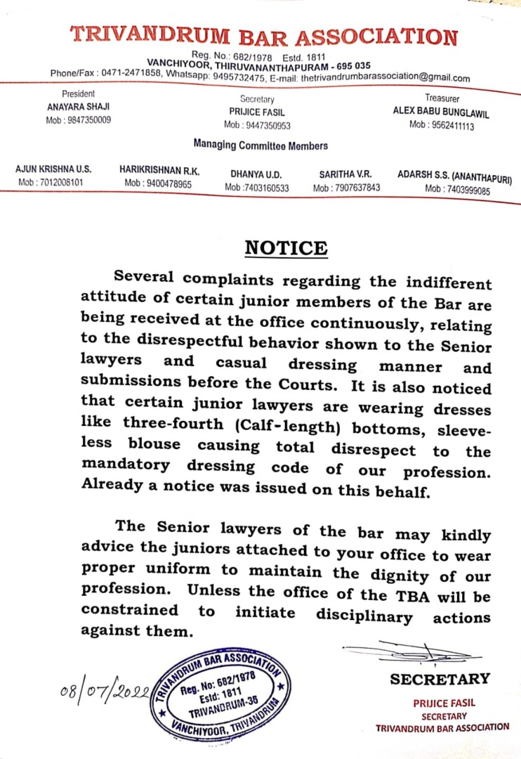 Maintain Dignity of Profession Trivandrum Bar Association Issues Notice to Junior Lawyers